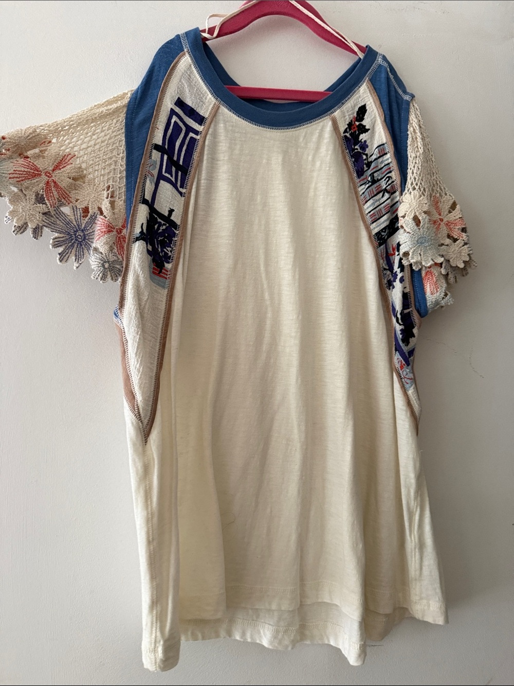 Free People Cream Tee with Blue Trim & Floral Crochet Sleeves